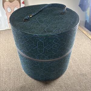 Rare 1950s Vintage Round Hat Box Blue Teal Geometric Atomic Print Zipper Case
